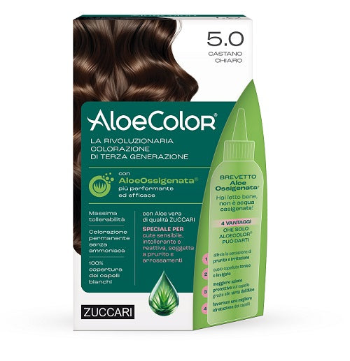 Aloecolor 5,0 Castano Chiaro Tinta Permanente Capelli Colore Ad Alta Pigmentazione 50 Ml + Rivelatore Aloeossigenata 75 Ml + Shampoo Aloecare 15 Ml + Guanti - Lovesano