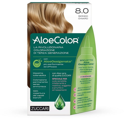 Aloecolor 8,0 Biondo Chiaro Tinta Permanente Capelli Colore Ad Alta Pigmentazione 50 Ml + Rivelatore Aloeossigenata 75 Ml + Shampoo Aloecare 15 Ml + Guanti