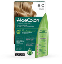 Aloecolor 8,0 Biondo Chiaro Tinta Permanente Capelli Colore Ad Alta Pigmentazione 50 Ml + Rivelatore Aloeossigenata 75 Ml + Shampoo Aloecare 15 Ml + Guanti
