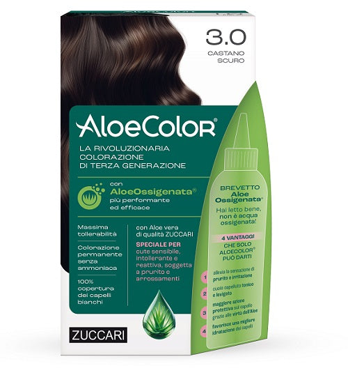 Aloecolor 3,0 Castano Scuro Tinta Permanente Capelli Colore Ad Alta Pigmentazione 50 Ml + Rivelatore Aloeossigenata 75 Ml + Shampoo Aloecare 15 Ml + Guanti - Lovesano