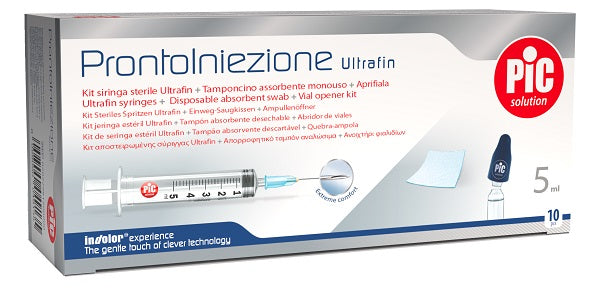 Prontoiniezione Ultrafin Kit Siringa Sterile 5 Ml Gauge 23 10 Pezzi + Tamponcino Assorbente Monouso + Aprifiala