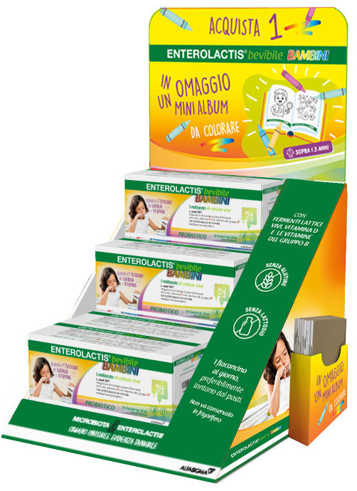 Enterolactis Bevibile Bambini Expo Banco 12 Mini Album Da Colorare + 12 Bambini Drycap Da 12 Flaconi - Lovesano 
