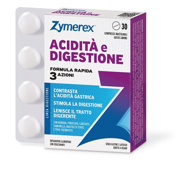 Zymerex Acidita' Digestione 30 Compresse Masticabili Gusto Limone Con Edulcoranti Senza Glutine E Lattosio
